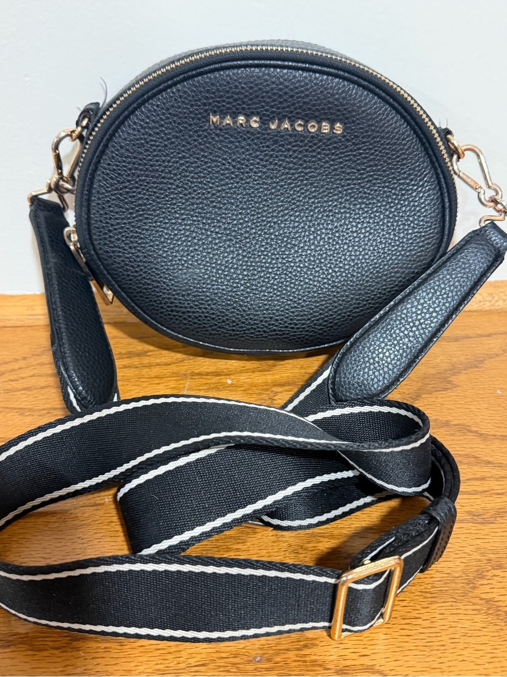 Marc Jacobs Black Pebbled Leather Oval Crossbody with Striped Strap